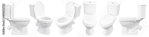 Toilet on white background. Close up of toilet. White toilet bowl isolated. Set of toilet bowls. photo