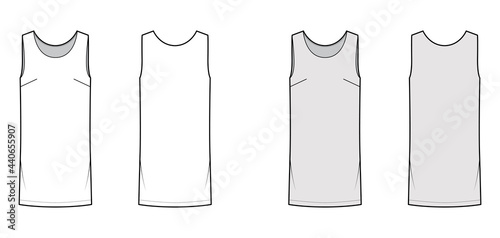 Dress shift chemise technical fashion illustration with sleeveless, oversized body, knee length pencil skirt. Flat apparel front, back, white, grey color style. Women, men unisex CAD mockup