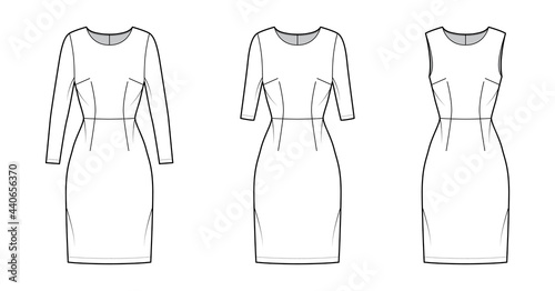 Set of Dresses sheath technical fashion illustration with natural waistline, long elbow short sleeves sleeveless, fitted, knee length pencil skirt. Flat apparel front, white color. Women, unisex CAD