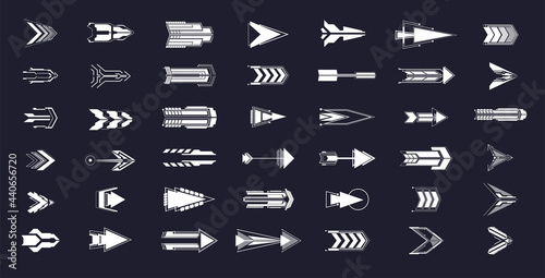 Set of futuristic arrows. Futuristic interface hud design elements. Arrows, pointers, direction. Set of holographic arrows, pointers, direction for infographics or game. Vector illustration