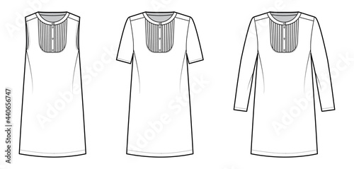 Set of Dresses bib pintucked technical fashion illustration with long short sleeves, oversized, henley neckline, knee length pencil skirt. Flat apparel front, white color. Women, men unisex CAD mockup