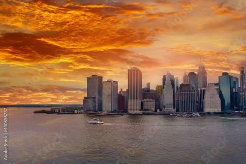 New York City Harbor on a east river against the lower Manhattan skyline standing tall