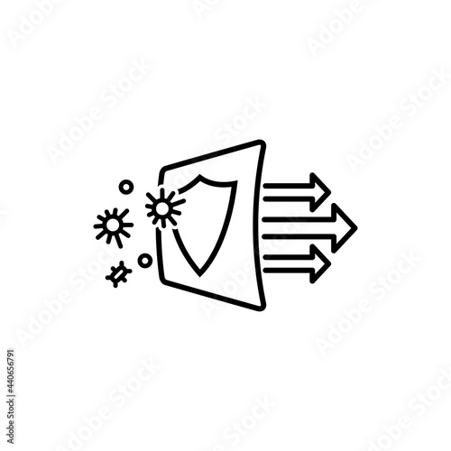 Simple line icon showing virus protection. Air filter effect. Antibacterial, dust, solid particle filtration and ventilation technology.