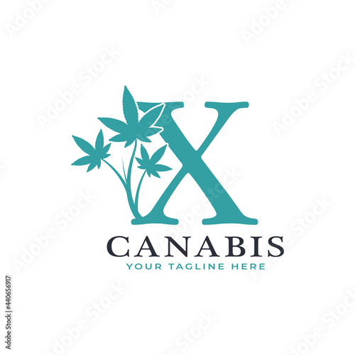 Letter X Green Canabis Logo Alphabet With Medical Marijuana Leaf. Usable for Business, Science, Healthcare, Medical and Nature Logos.