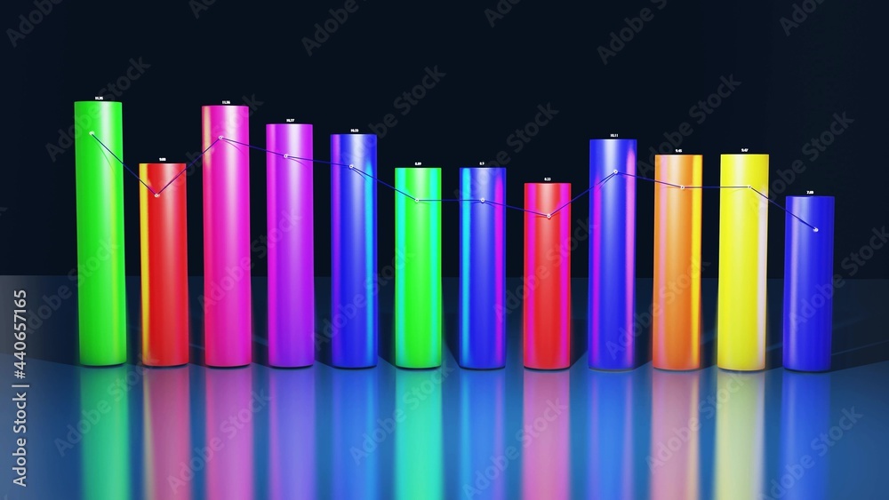 Obraz premium 3d render. Multicolor bars, counters and graph. Beautiful 3d background for analytical programs with abstract infographics, statistical data. 3d columns as financial bg