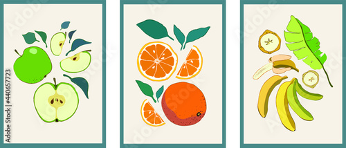 Modern hand-drawn illustration with bananas,oranges,apples for decorative design. Vector illustration design. Vegetarian food. Modern vector illustration. Isolated object.