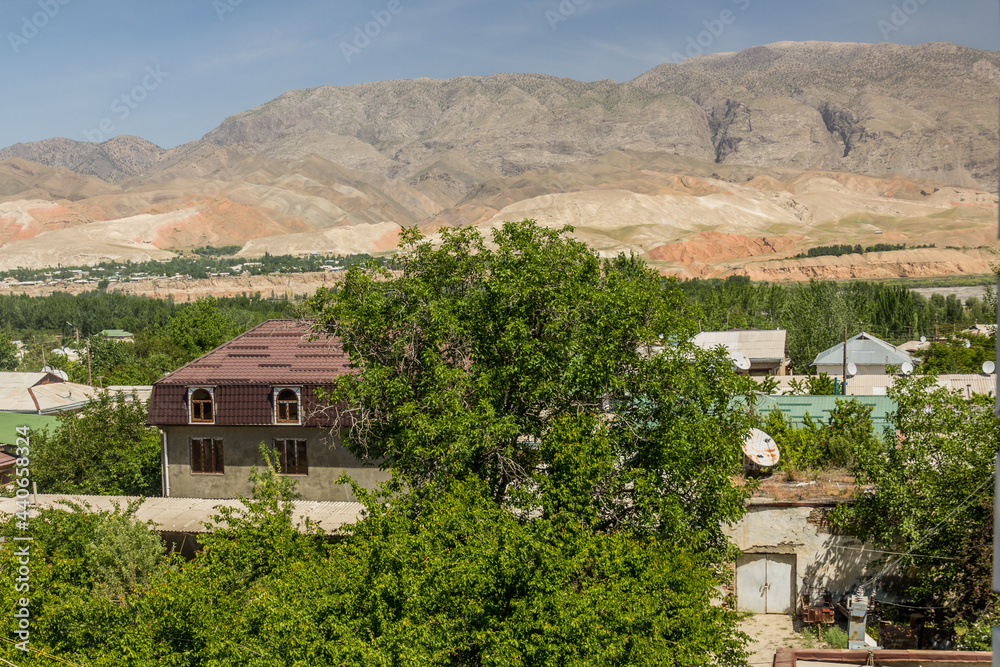 Mountains and houses in Penjikent, Tajikistan