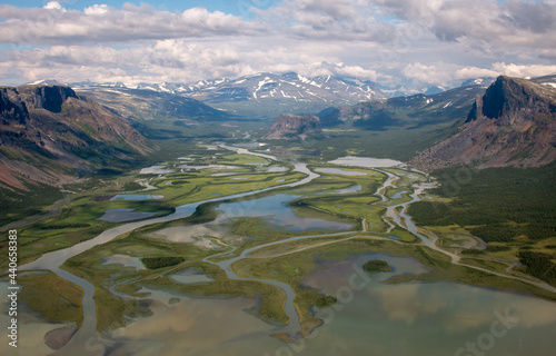 The view from a helicopter flying above Rapadalen valley, Sarek park, Swedish Lapland. photo