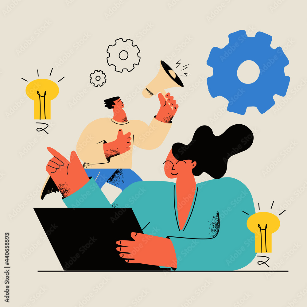 Fototapeta premium Creative online content and promotion, online work, brainstorming and ideas, innovative solutions, business startup concept. Teamwork flat vector illustration design for mobile and web graphics
