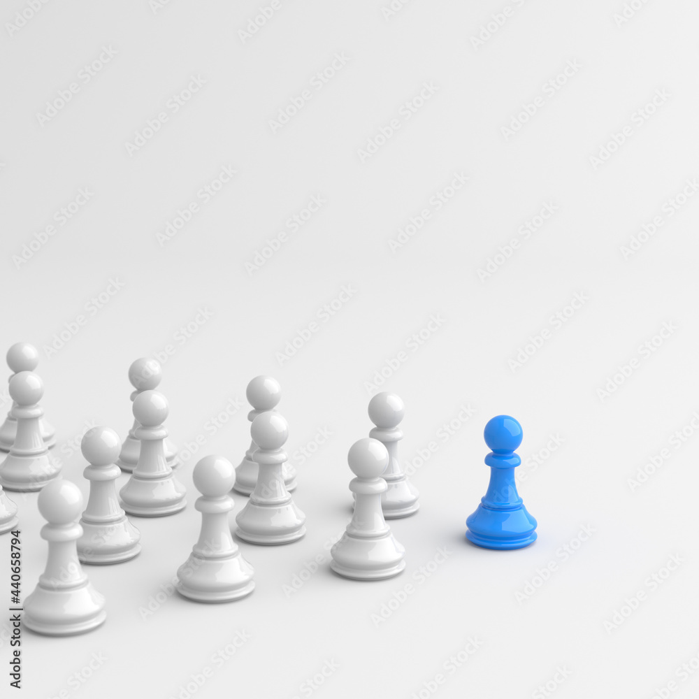 Leadership concept, blue pawn of chess, standing out from the crowd of white pawns, on white background with empty copy space. 3D Rendering Leadership concept, blue pawn of chess, standing out from the crowd of white pawns, on white background with empty copy space. 3D Rendering