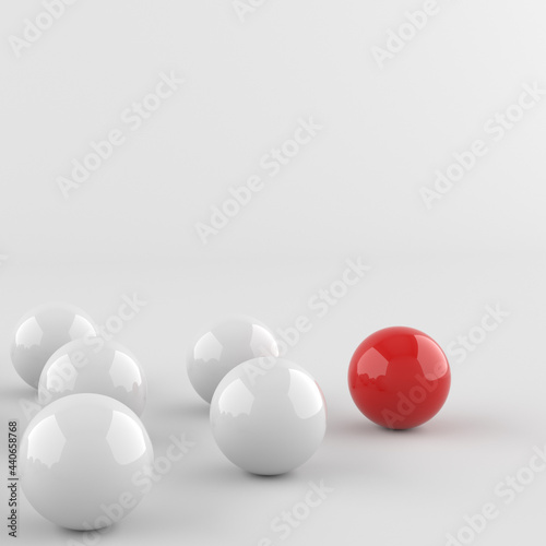 Leadership concept, red leader ball, standing out from the crowd of white balls. 3D Rendering