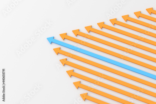 Leadership concept  blue leader arrow leading orange arrows  on white background. 3D Rendering