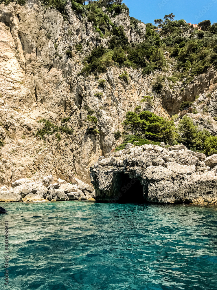 Italy, Amalfi Coast, Capri. Tropical exotic sea caves with turquoise clear waters. Blue grotto	
