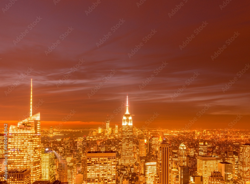 Night view of New York Manhattan during sunset