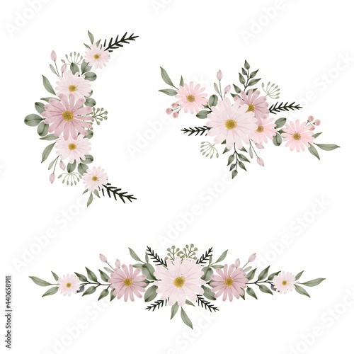Set of pink daisy watercolor bouquet. floral design © else_lalala