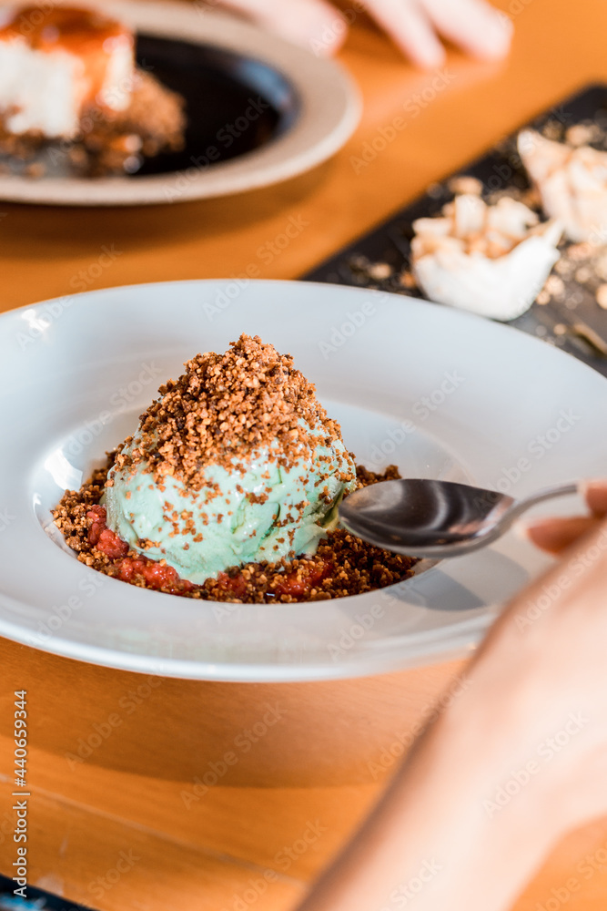 Delicious Ice Cream Dessert Close Up Basil Flavor Cashow Nuts Spoon Texture Menu Restaurant Gourmet Wooden Table Delicious Ice Cream Dessert Close Up Basil Flavor Cashow Nuts Spoon Texture Menu Restaurant Gourmet Wooden Table