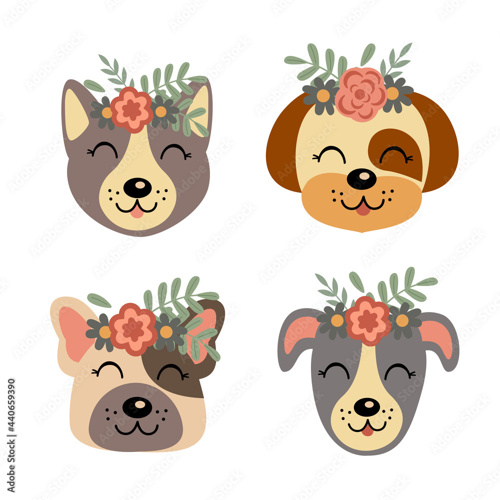 set of isolated cute dog faces with flowers part 2 set of isolated cute dog faces with flowers part 2