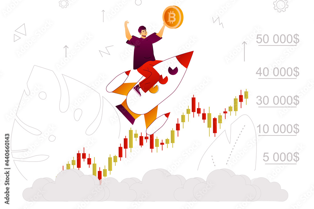 Bitcoin growth web concept. Evolving crypto business, profit on stock chart. People scene with flat line characters design for website. Vector illustration for social media promotional materials