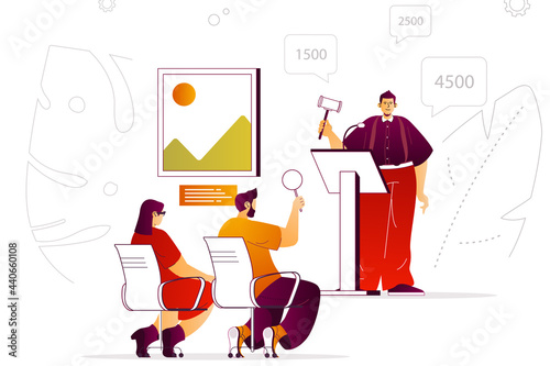 Auction in art gallery web concept. Man with gavel, buyers bargain for picture. People scene with flat line characters design for website. Vector illustration for social media promotional materials
