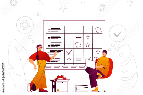 Business planning web concept. Employees perform work tasks according to plan. People scene with flat line characters design for website. Vector illustration for social media promotional materials