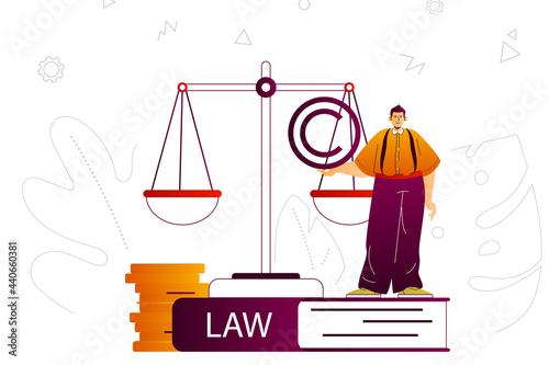 Law company web concept. Lawyer or attorney services, business law, legal rules. People scene with flat line characters design for website. Vector illustration for social media promotional materials