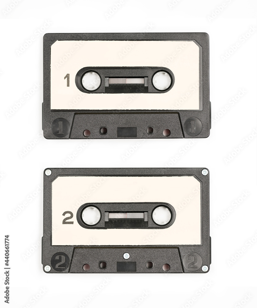 Old Vintage Audio cassette tape - both sides 1 and 2 isolated on a white background with Clipping Path
