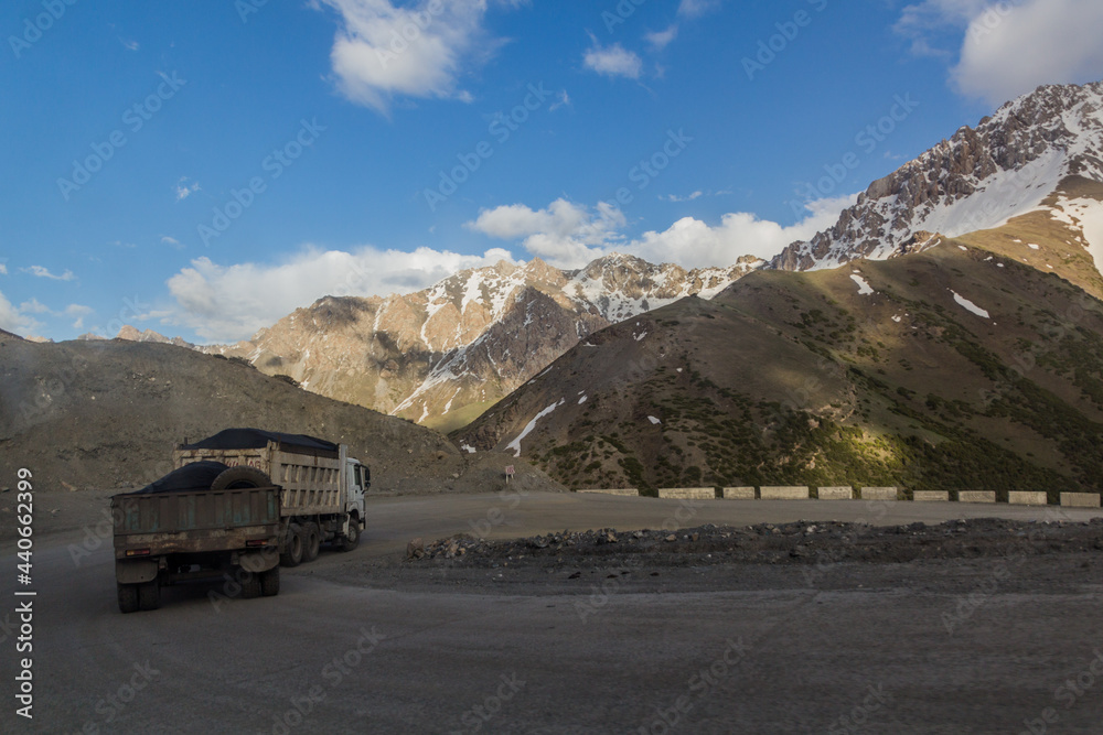 Hairpin road in the mountains of southern Kyrgyzstan near Sary-Tash village