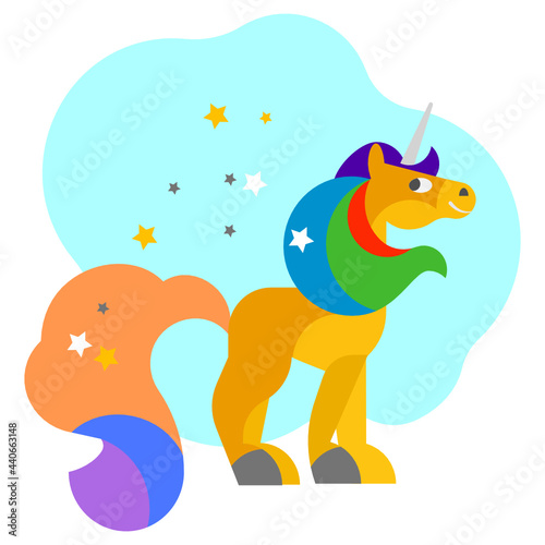 The brightly colored unicorn stands on floor  its pretty long tail on light blue background.