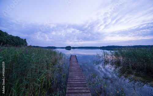 Whole view Mazury lakes in Poland just before daybreak   after dawn. Wide angle Landscape scene.