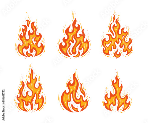 Fire Flame Icons Vector Set. Bright Yellow Orange Campfire Tattoo Drawing