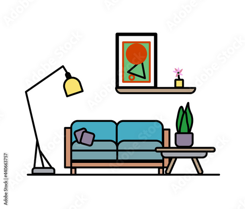 Furniture: sofa, coffee table, picture, lamp. Living room interior. Flat style vector illustration