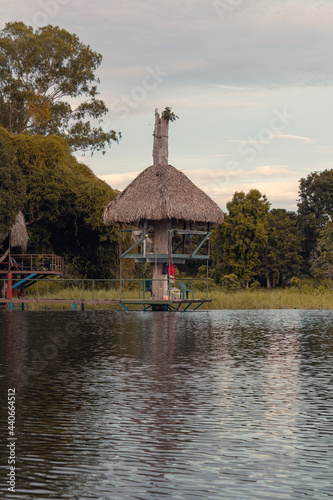 palm leaf house on the lake