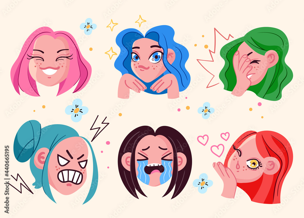Anime girl face head emoji with different emotions expressions isolated on white background set. Vector flat cartoon graphic illustration