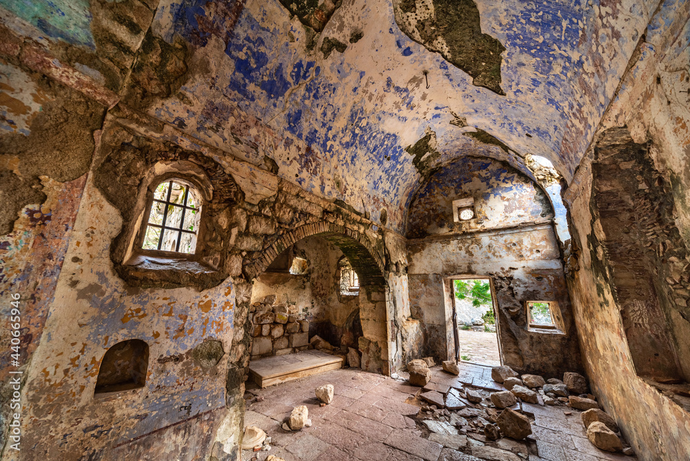 Fading ancient historic frescos inside the Church of St John,Kotor,Montenegro.