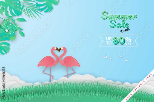 Summer sale banner in papercut style with editable text effect. Premium Vector