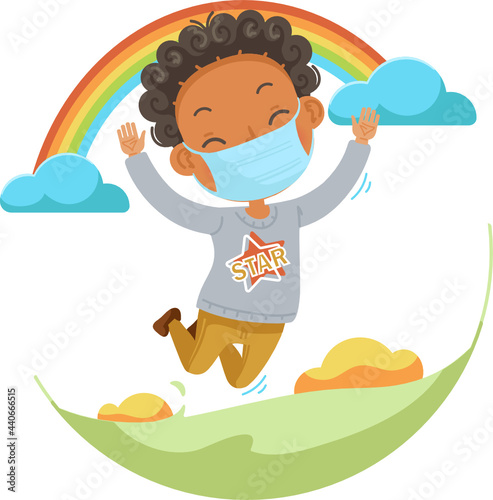 Black hair boy mask jumping in the meadows clouds and rainbows streaked across the sky. Concept during the coronavirus covid-19 outbreak.