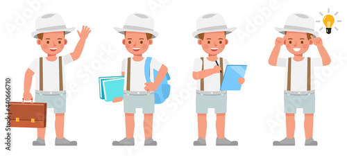 Set of children character vector design. Boy wear white shirt and hat. Presentation in various action with emotions.