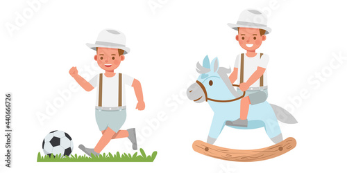 Set of children character vector design. Boy wear white shirt and hat. Presentation in various action with emotions.