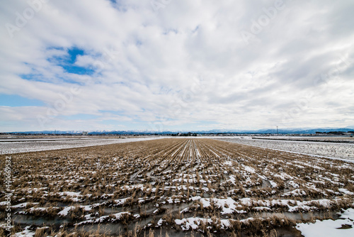 Vast rice fields, seen in winter, in the background the snow-capped mountains of Hakusan, Ishikawa Prefecture, Japan