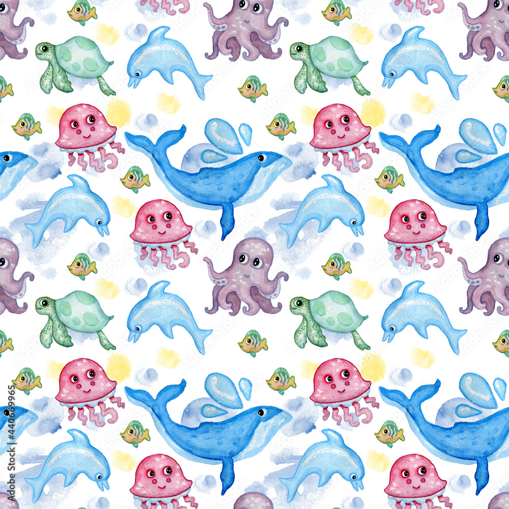 Seamless pattern of digital paper wallpaper blue whales, jellyfish, turtles, dolphins