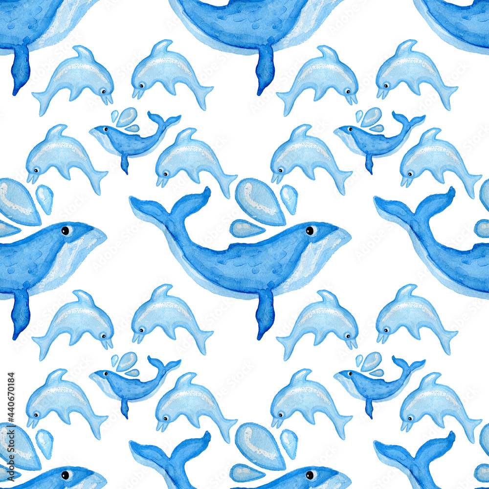 Fototapeta premium Dolphins and whales watercolor blue color white background seamless pattern