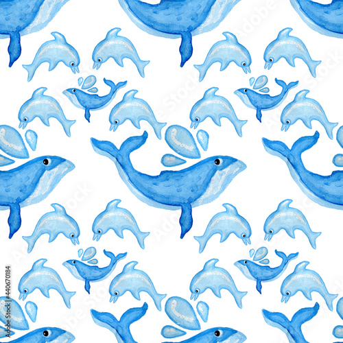 Dolphins and whales watercolor blue color white background seamless pattern