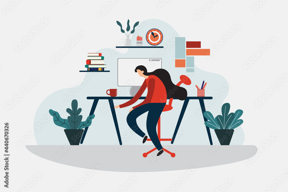 Flat illustration. Woman sitting and thinking in an office composed of computers. Bookshelf, wall clock, where work can be done at home.