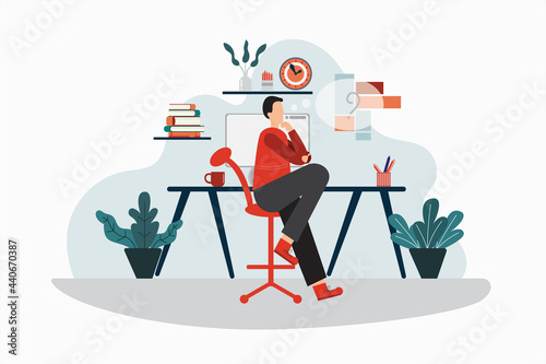 Flat illustration. Man sitting and thinking in an office composed of computers. Bookshelf, wall clock, where work can be done at home.