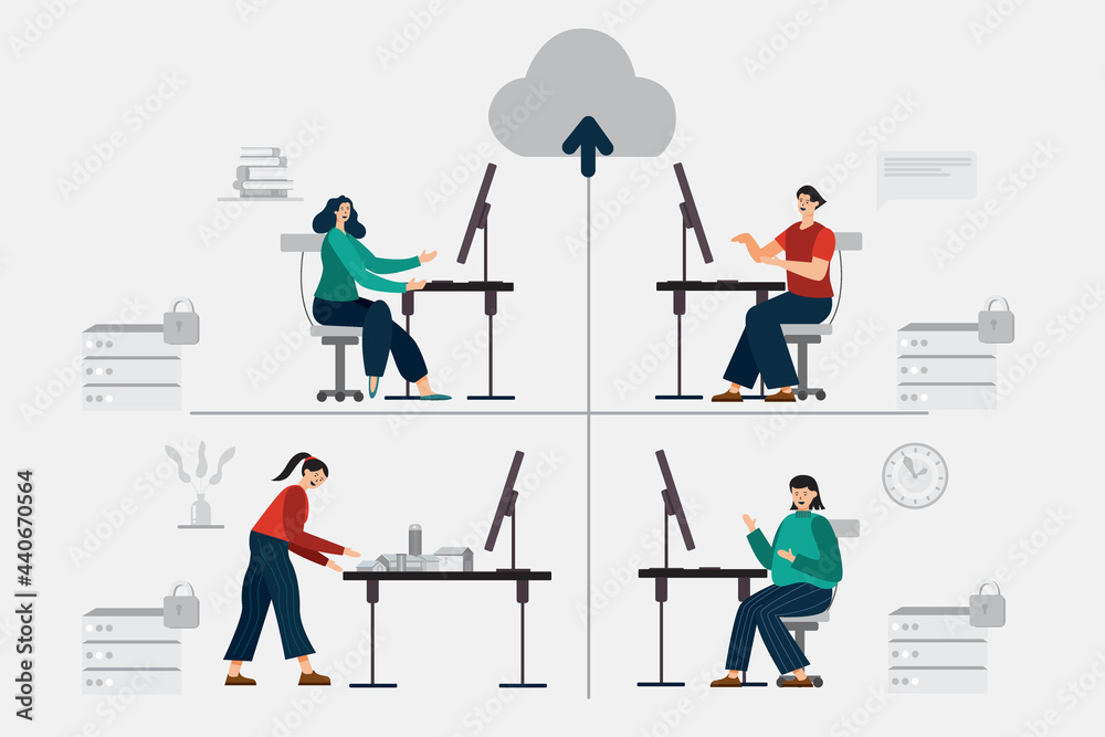 Flat illustration. People in an organization work through computers on the Internet. with a large data storage system known as cloud data