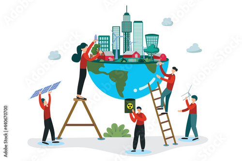 Flat illustration, people are using clean energy such as nuclear power, wind power, solar power and plant trees to produce air, making the world's environment better.