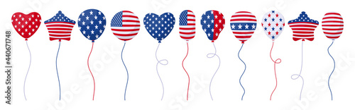 Balloon American Independence day flag cartoon set. 4th July celebration american helium air balloons circle, heart shape. National USA symbol party surprise. Isolated vector illustration