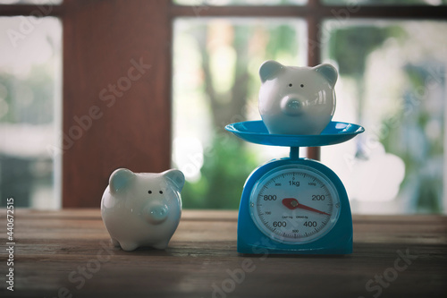 Fotografie pig piggy bank concept earning money with business people weighing