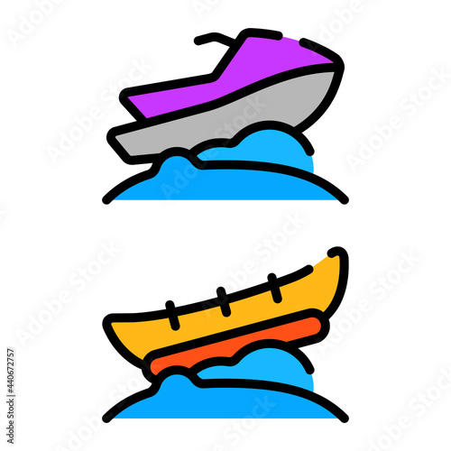 Banana boat and jetski icon with outline style and pixel perfect base. Suitable for website design, logo, app and UI. Based on the size of the icon in general, so it can be reduced.