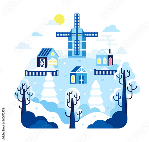 Small village with snow-covered houses and a mill on a hill, winter scene in flat cartoon stile. Vector illustration